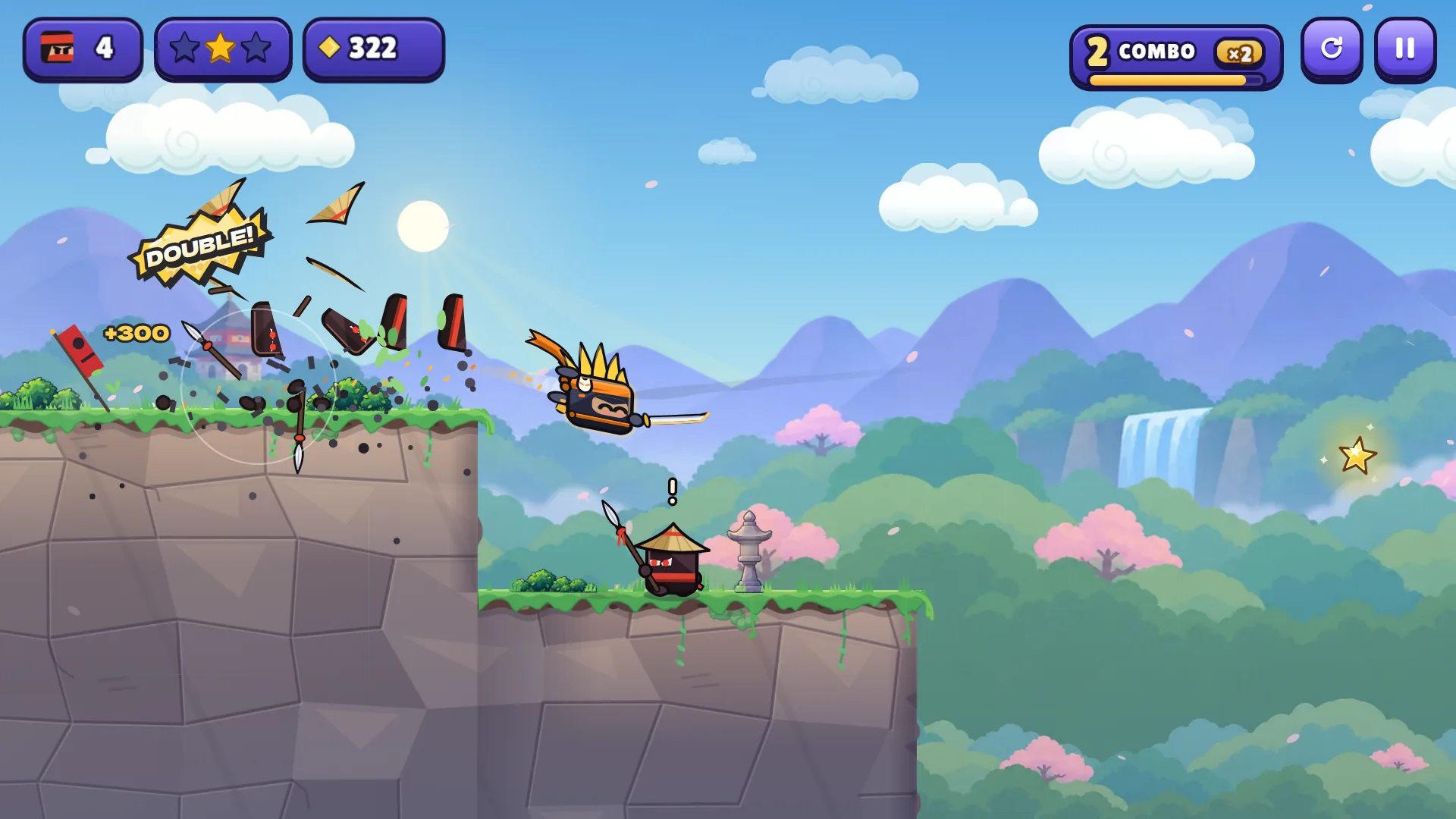 Corte duplo em Little Ninja Dash com o aviso DOUBLE, +300 pontos e pedaços de dois inimigos voando