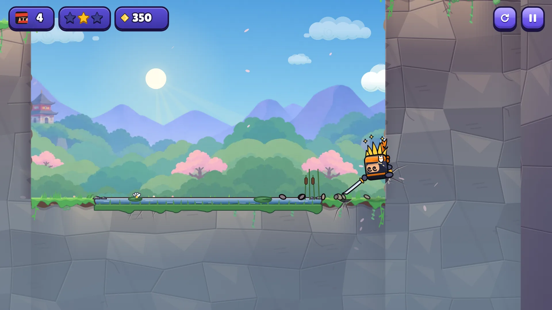Ninja tonto com estrelinhas na cabeça depois de bater na parede do poço em Little Ninja Dash