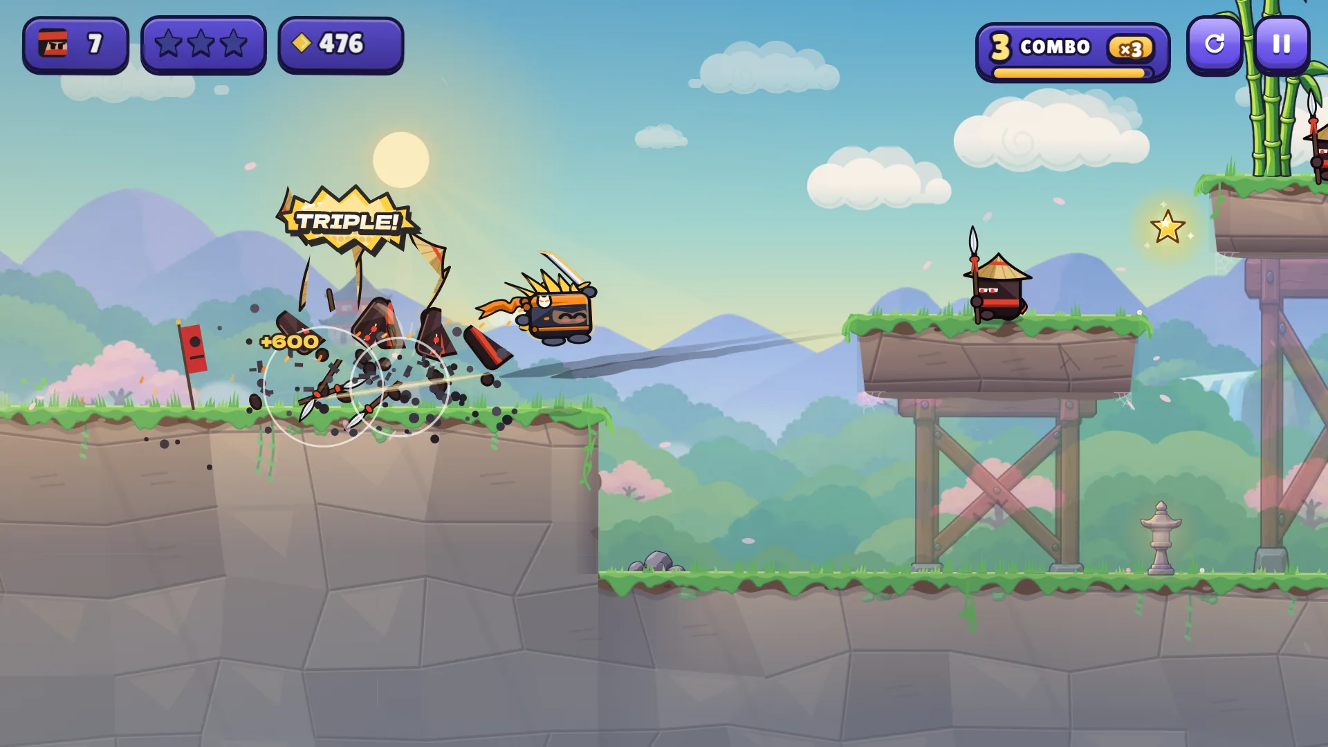 Corte triplo em Little Ninja Dash com o aviso TRIPLE, +600 pontos e combo x3 na fase Single File