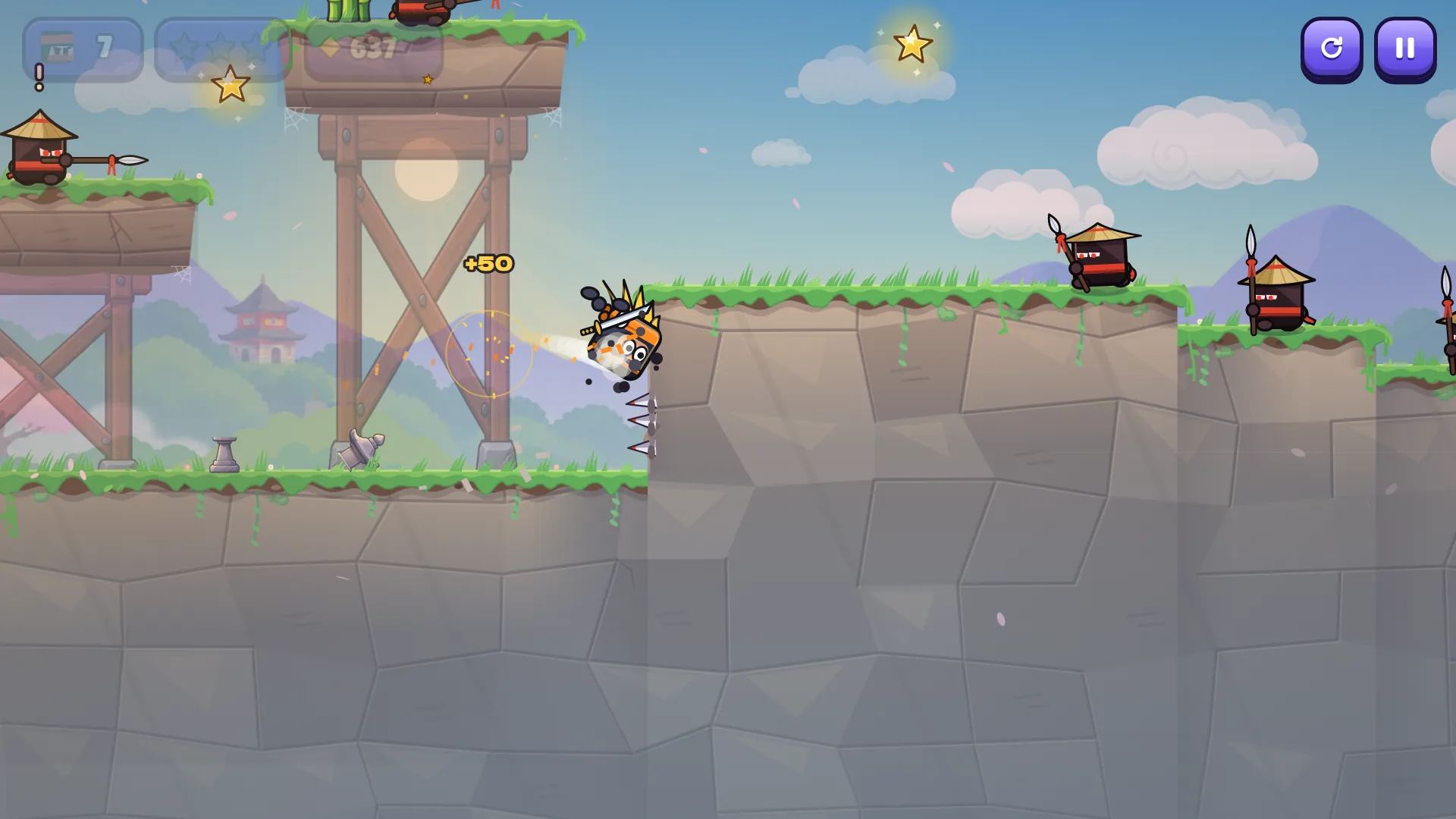 Ninja piscando ao bater nos espinhos de uma parede em Little Ninja Dash, logo depois de pegar uma estrela