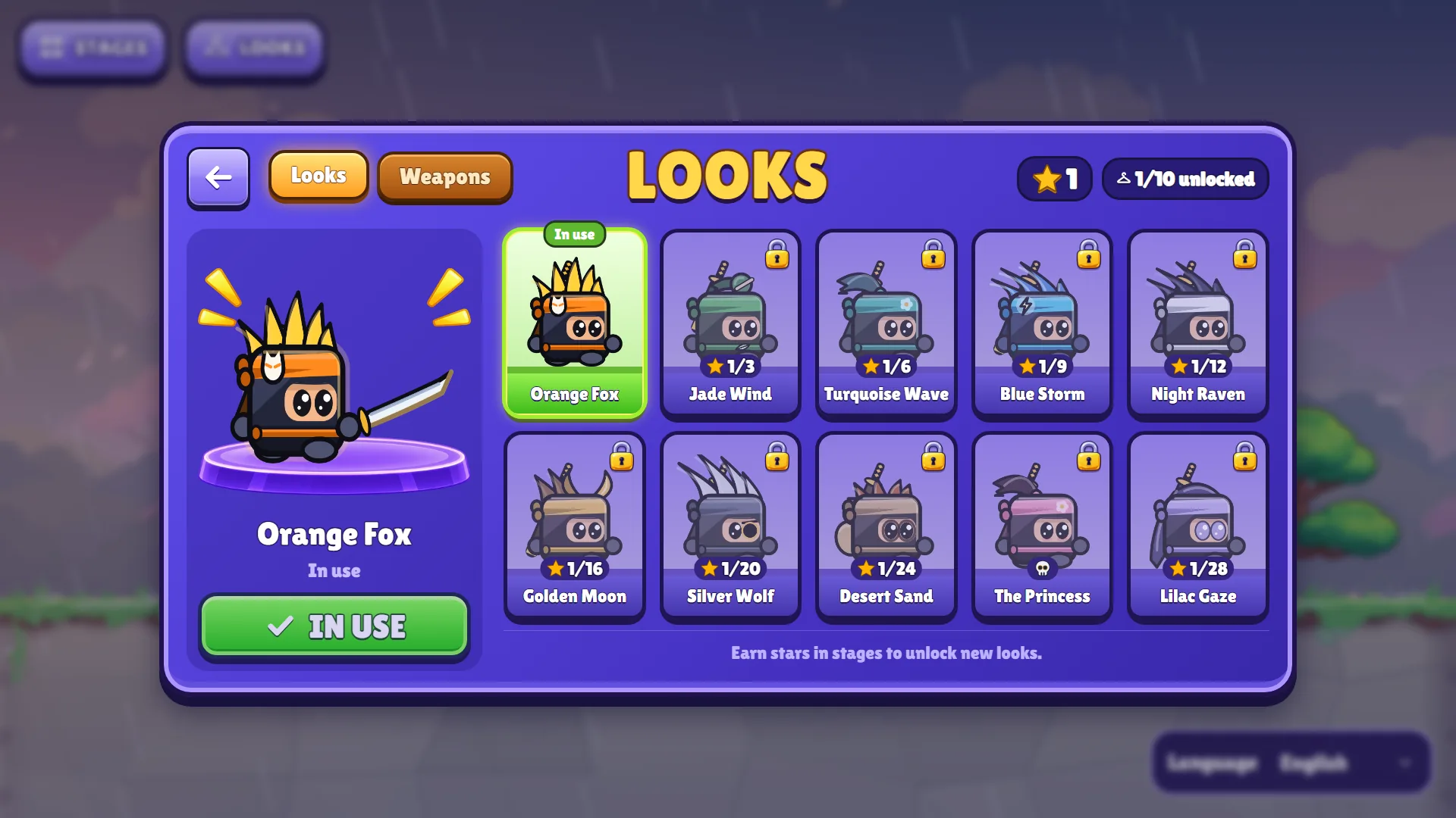 Tela de skins de Little Ninja Dash com a Orange Fox em uso e nove visuais trancados com o preço em estrelas