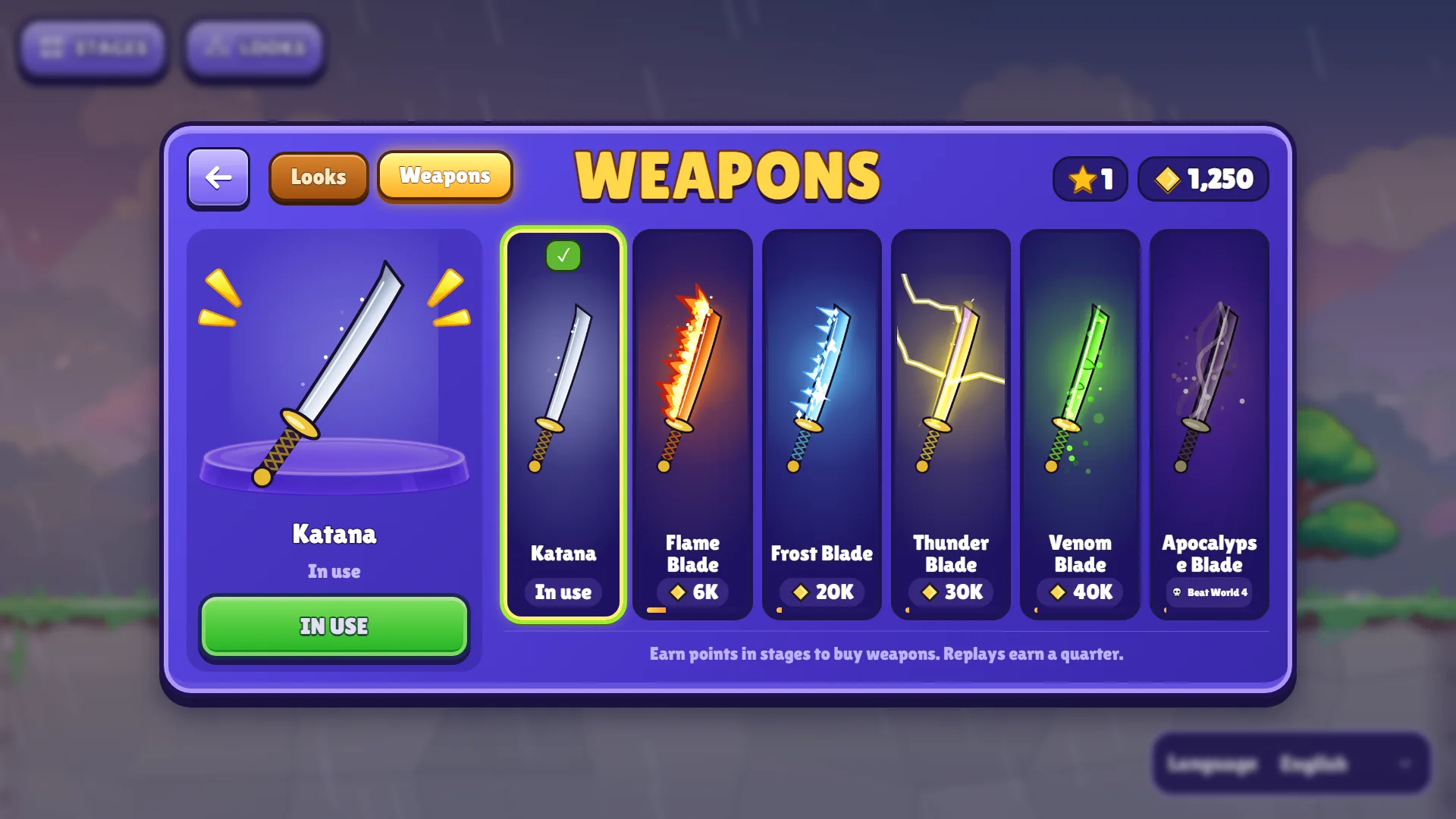 Loja de armas de Little Ninja Dash com a katana em uso e as lâminas Flame, Frost, Thunder, Venom e Apocalypse
