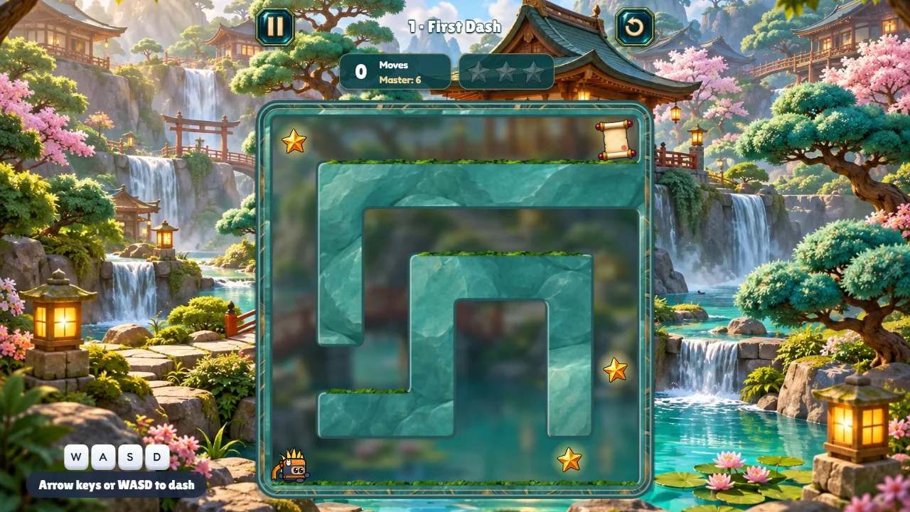 Ninjolt level 1 board: ninja bottom left, scroll top right, and a top bar reading 0 Moves, Master 6.