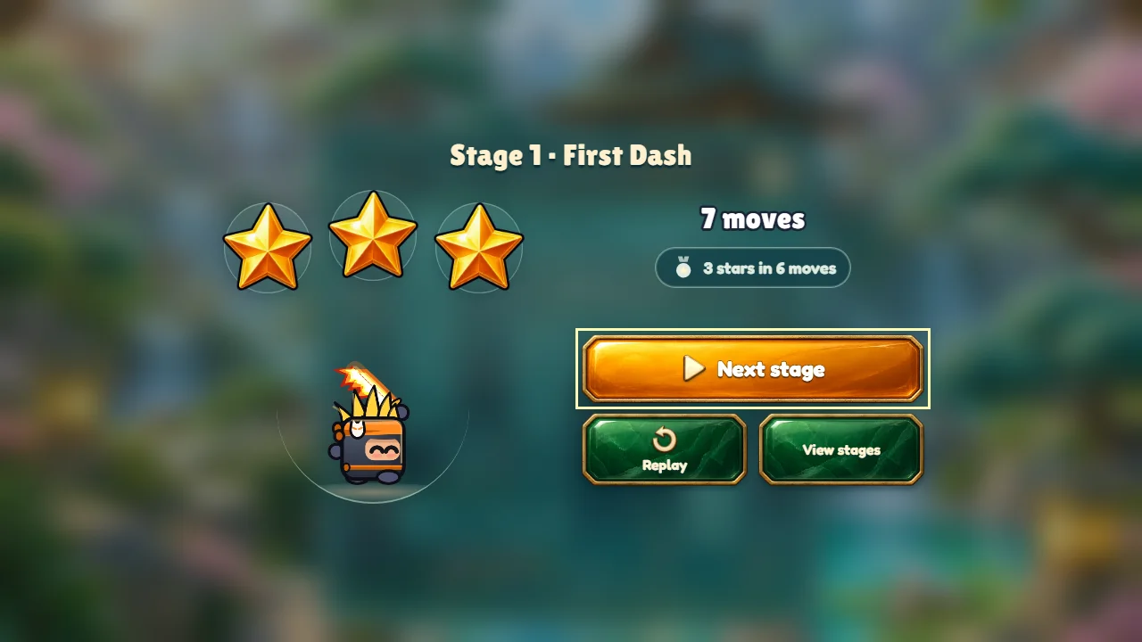 Ninjolt level 1 result: three gold stars, 7 moves and a grey pill reading 3 stars in 6 moves.