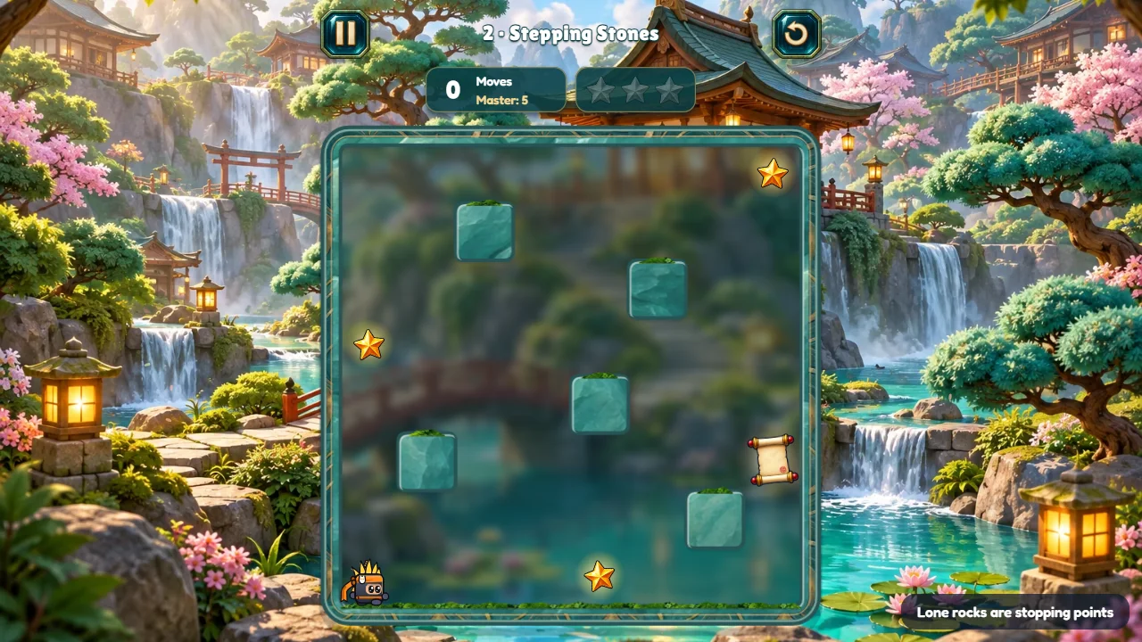 Ninjolt level 2: five loose rocks, three stars, a scroll and a tip reading Lone rocks are stopping points.