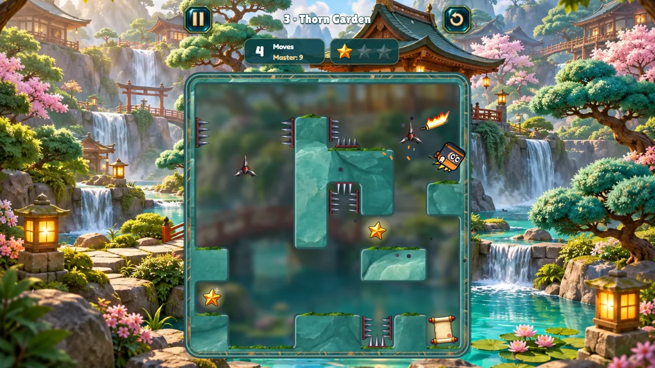 Ninjolt level 3: the ninja tumbles away from a floating spiked star, sword spinning off, 4 moves and one star on the bar.