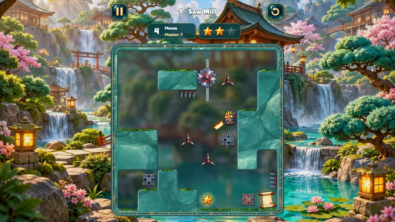 Ninjolt level 9: a saw on a rail above, the ninja beside a spiked plate, 4 moves and two stars on the bar.
