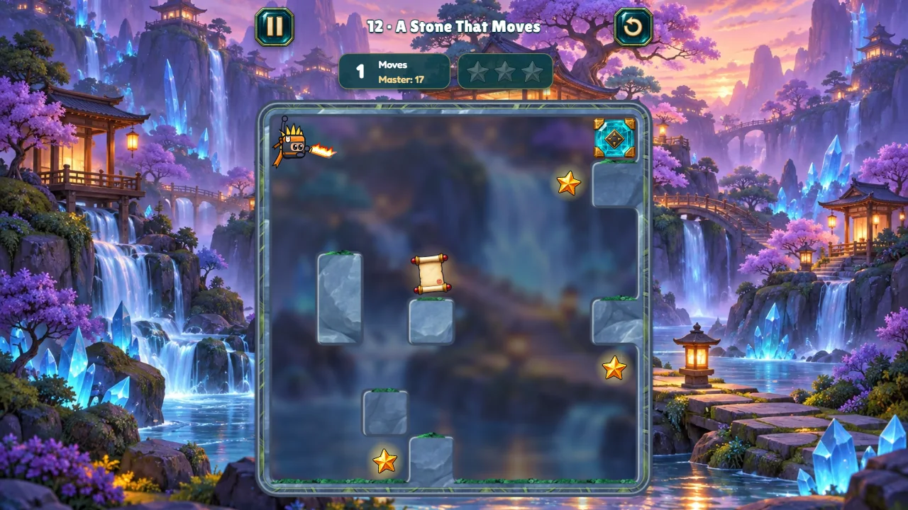 Ninjolt level 12: a teal crystal with gold corners now sits top right after one swipe, the ninja still in the top-left corner.