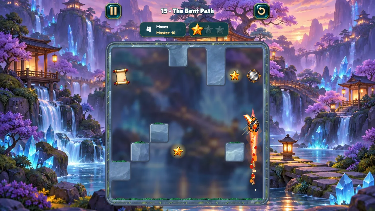 Ninjolt level 15: the ninja dashes up the right edge in a trail of embers toward a round silver mirror and a star.