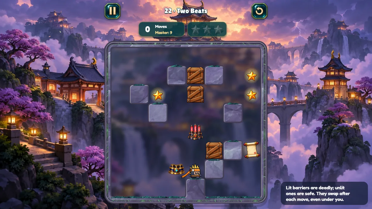Ninjolt level 22: a red lit barrier mid-board, a gold unlit ring beside the ninja and a tip about barriers.