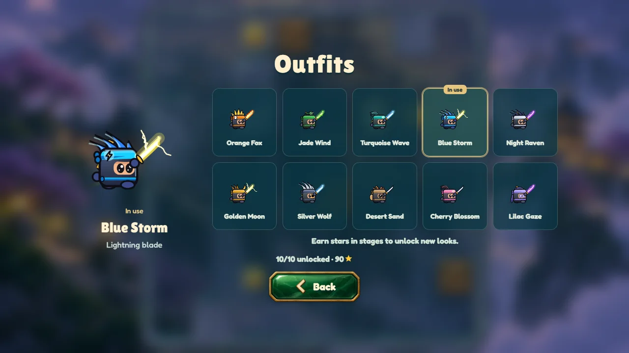 Ninjolt outfits screen: Blue Storm with its Lightning blade equipped, ten outfits in a grid, 10/10 unlocked, 90 stars.