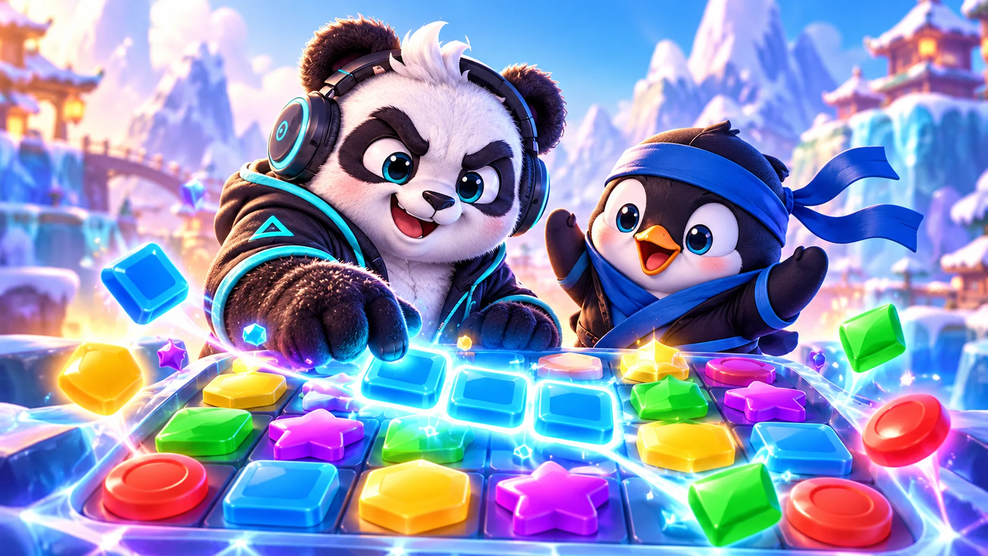Tenguin key art: a penguin in a red scarf waving from an ice floe, beside the number tiles 3 and 7.