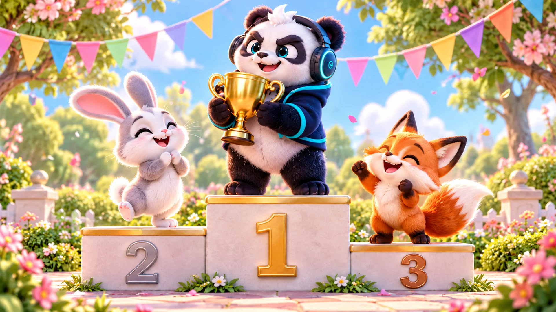Polarzinho in first place on the podium holding a golden trophy, with the bunny in second and the fox in third, under colorful bunting
