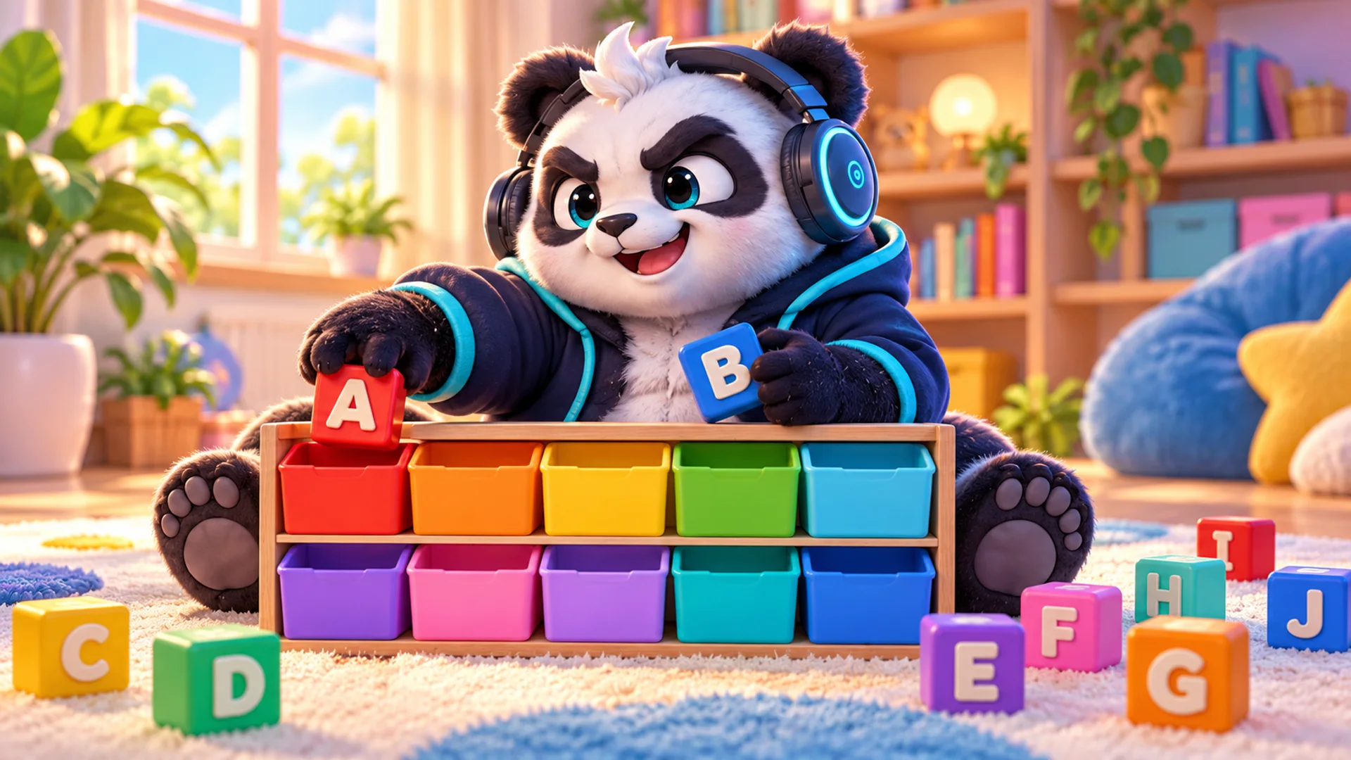 Polarzinho ordenando cubos de letras de colores en diez cajitas de un estante, como una biblioteca de palabras