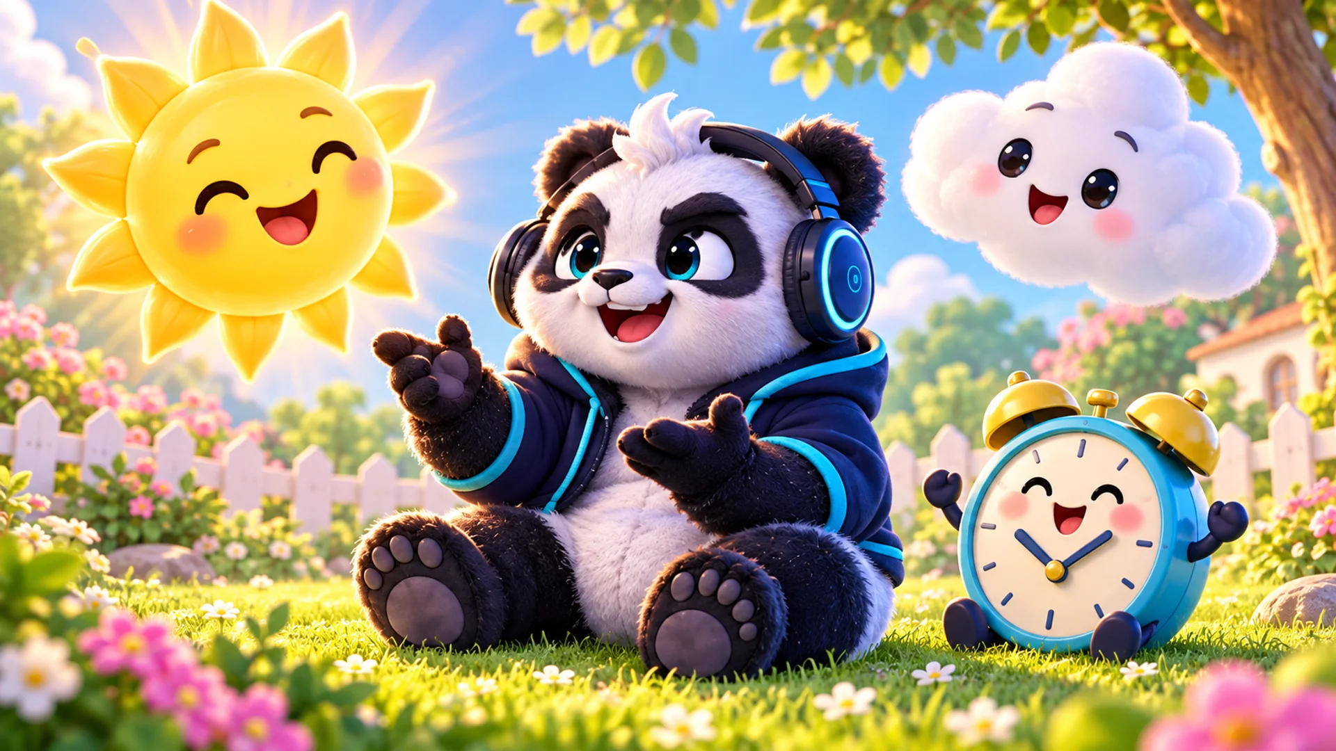 Polarzinho chatting in a garden with a smiling sun, a cloud with a little face and an alarm clock with eyes and tiny arms