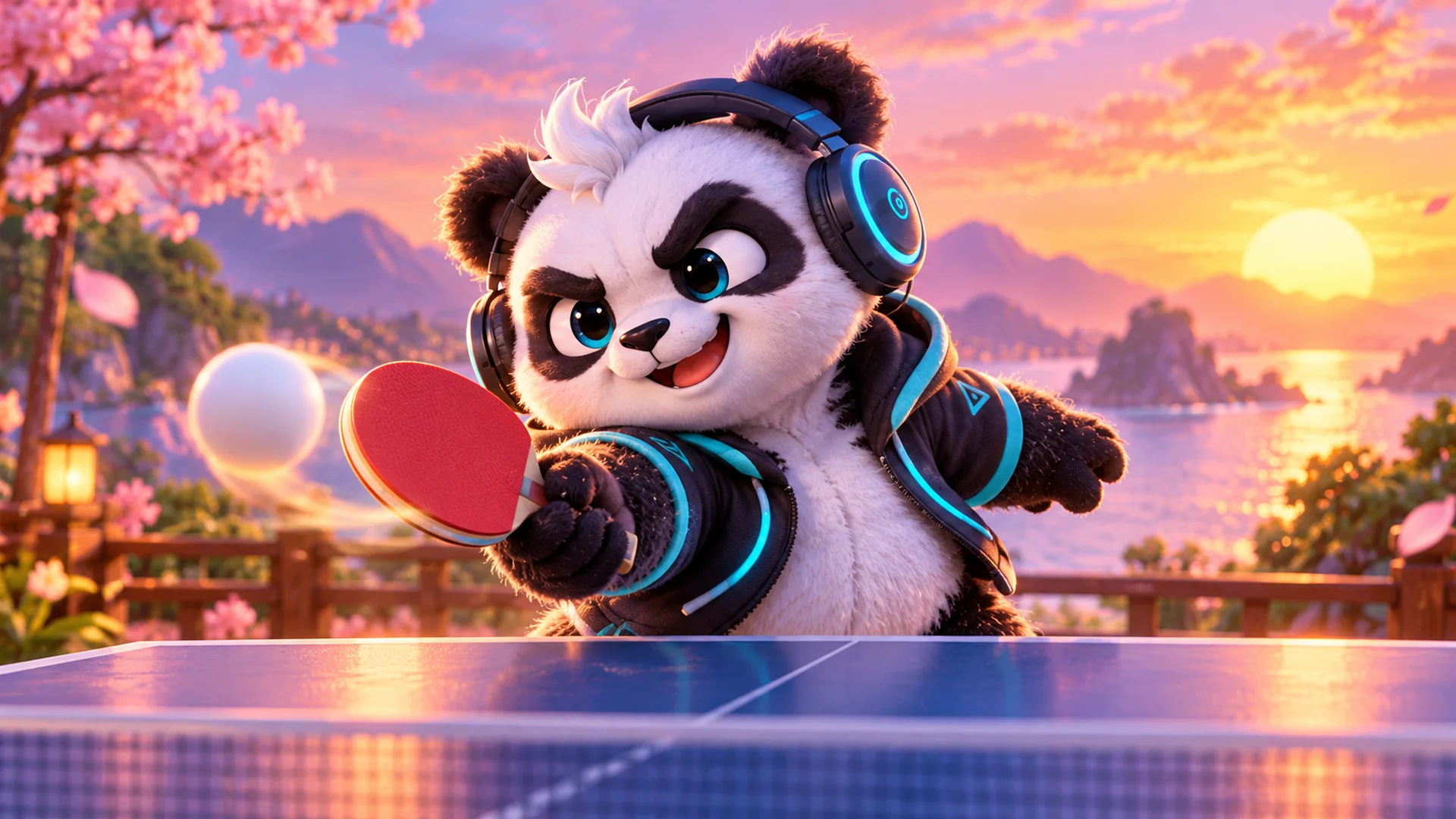 Polarzinho con la paleta en una mesa de tenis de mesa al atardecer, con la pelota en el aire