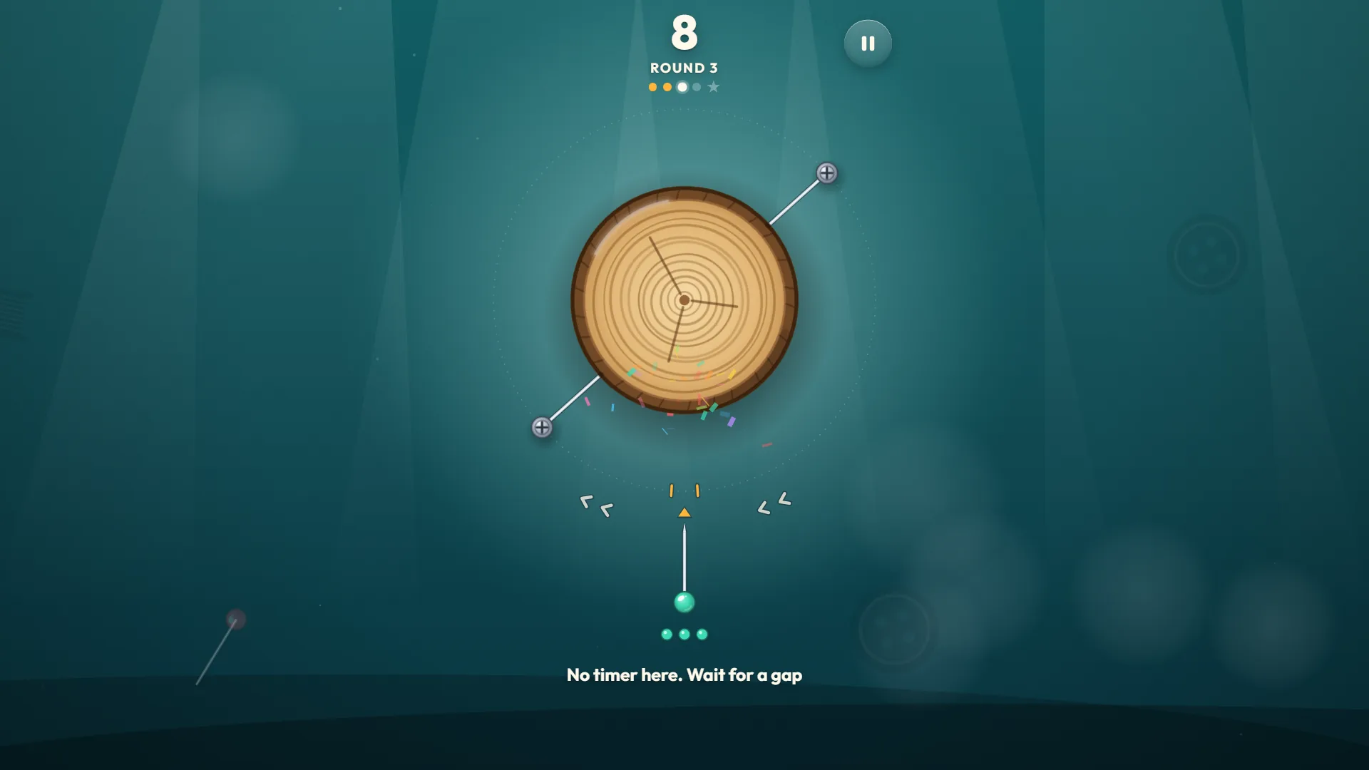 Pinloop round 3: a sliced log spinning with two screws already stuck in the ring and the hint Wait for a gap underneath