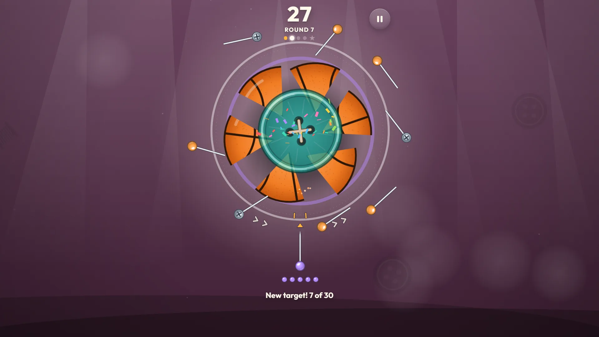 The Pinloop basketball target breaking into slices as a teal button appears in the center, with the banner New target! 7 of 30