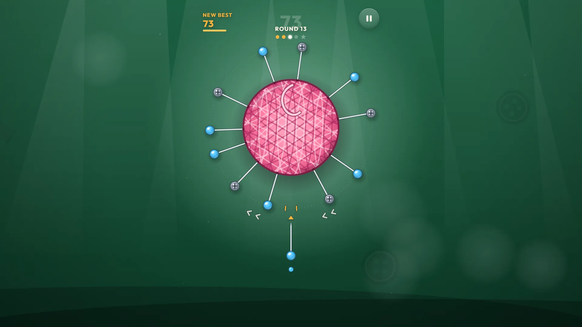 Pinloop round 13 with an almost full ring: more than ten pins and screws around a pink ball of yarn, with a New best 73 badge in the corner