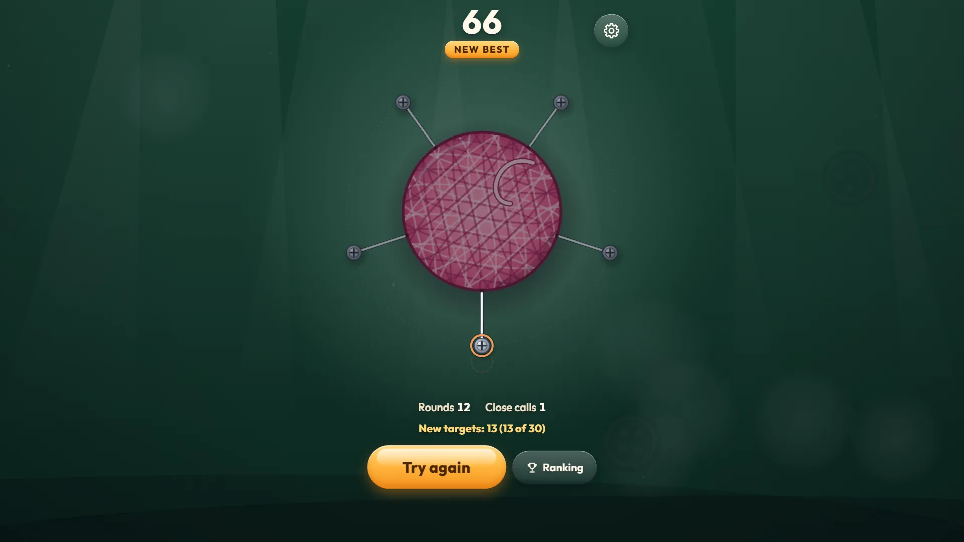 Pinloop results screen with 66 points, a New best badge, 12 rounds, 1 close call and 13 of 30 new targets