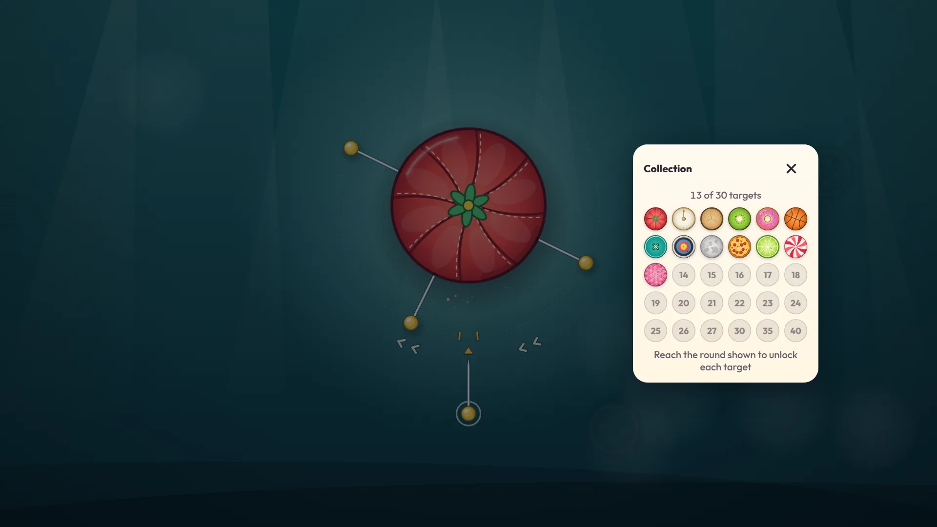 The Pinloop Collection window with 13 of 30 targets unlocked and the remaining tiles numbered 14 to 27, 30, 35 and 40