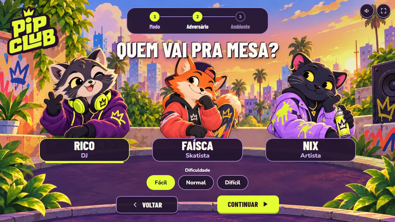 Pip Club opponent screen with Rico the DJ, Faísca the skater and Nix the artist, and Easy, Normal and Hard levels