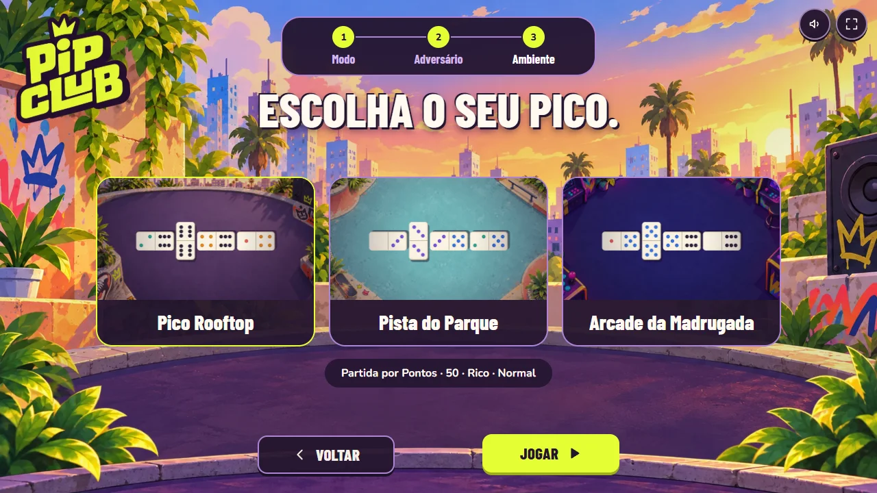 Pip Club hangout screen with the rooftop, the park and the midnight arcade, and a summary reading Points Match, 50, Rico, Normal