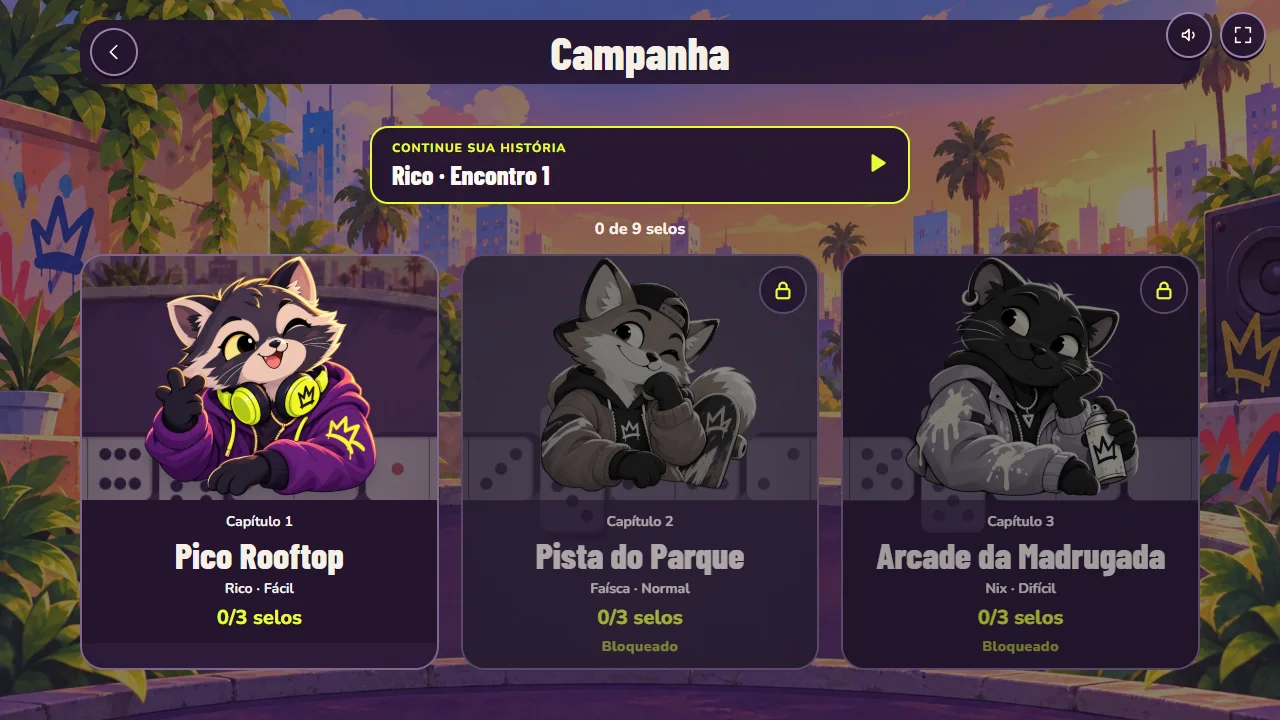 Pip Club Campaign screen with Continue your story, Rico, Encounter 1, 0 of 9 seals and three chapters, the last two locked