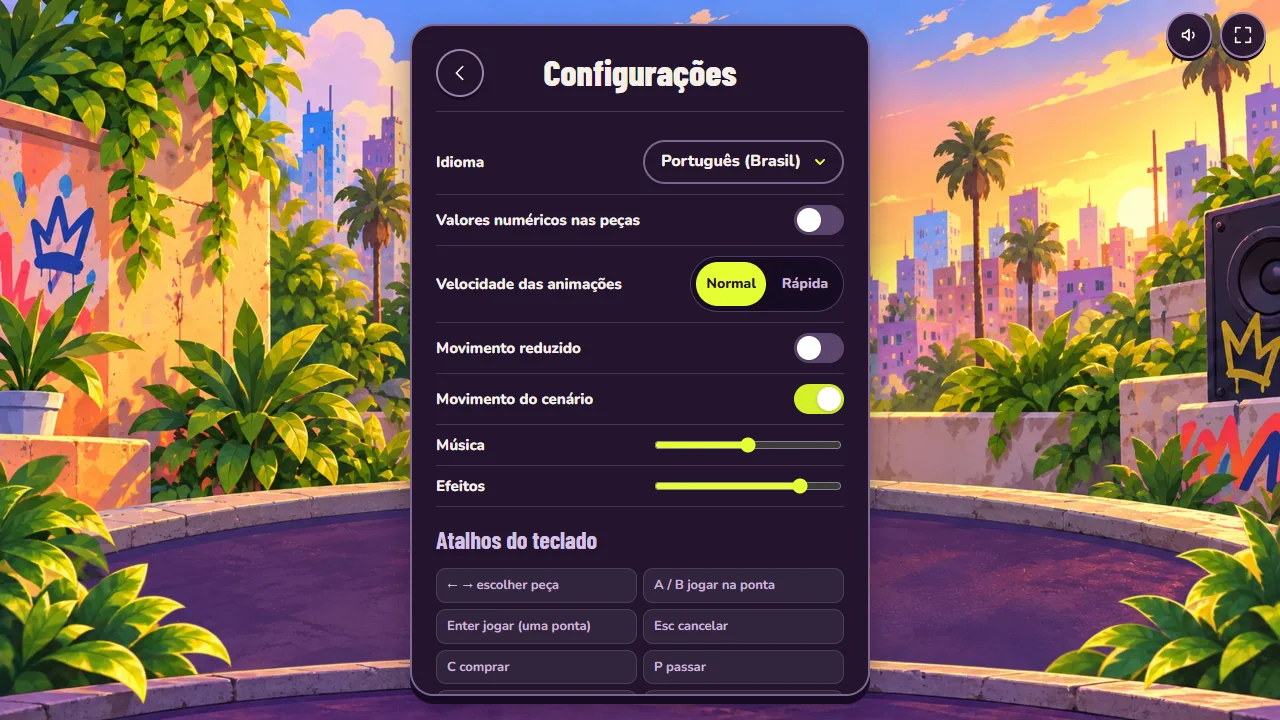 Pip Club Settings screen with language, numeric values on tiles, animation speed, reduced motion, background motion and the keyboard shortcut list