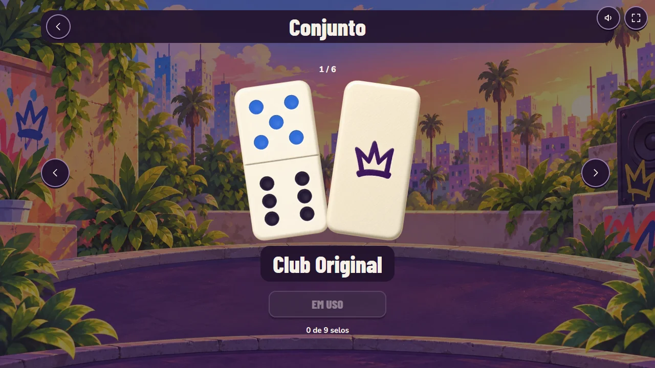 Pip Club tile set screen showing Club Original, 1 of 6, in use, with a 5-6 tile and a crown on the back