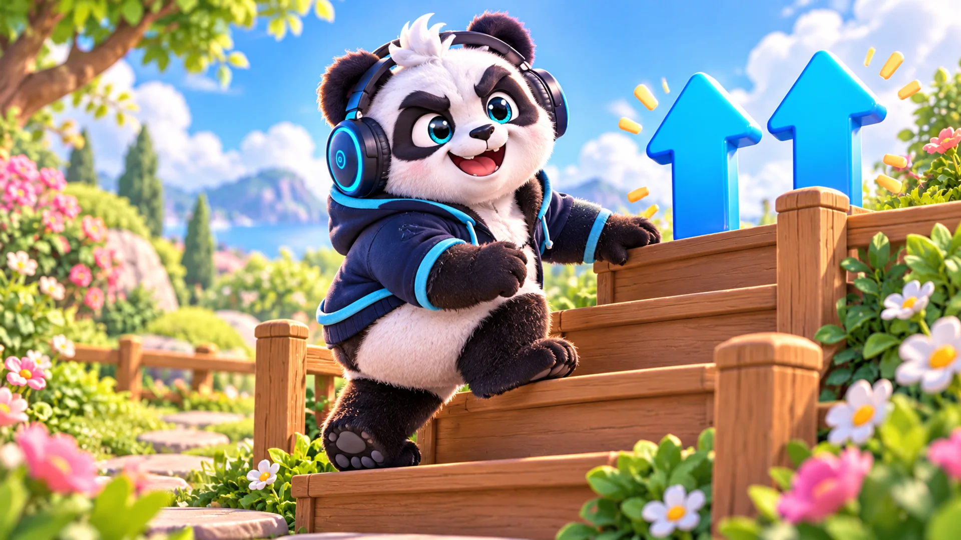 Polarzinho climbing wooden stairs with two identical arrows pointing up beside him