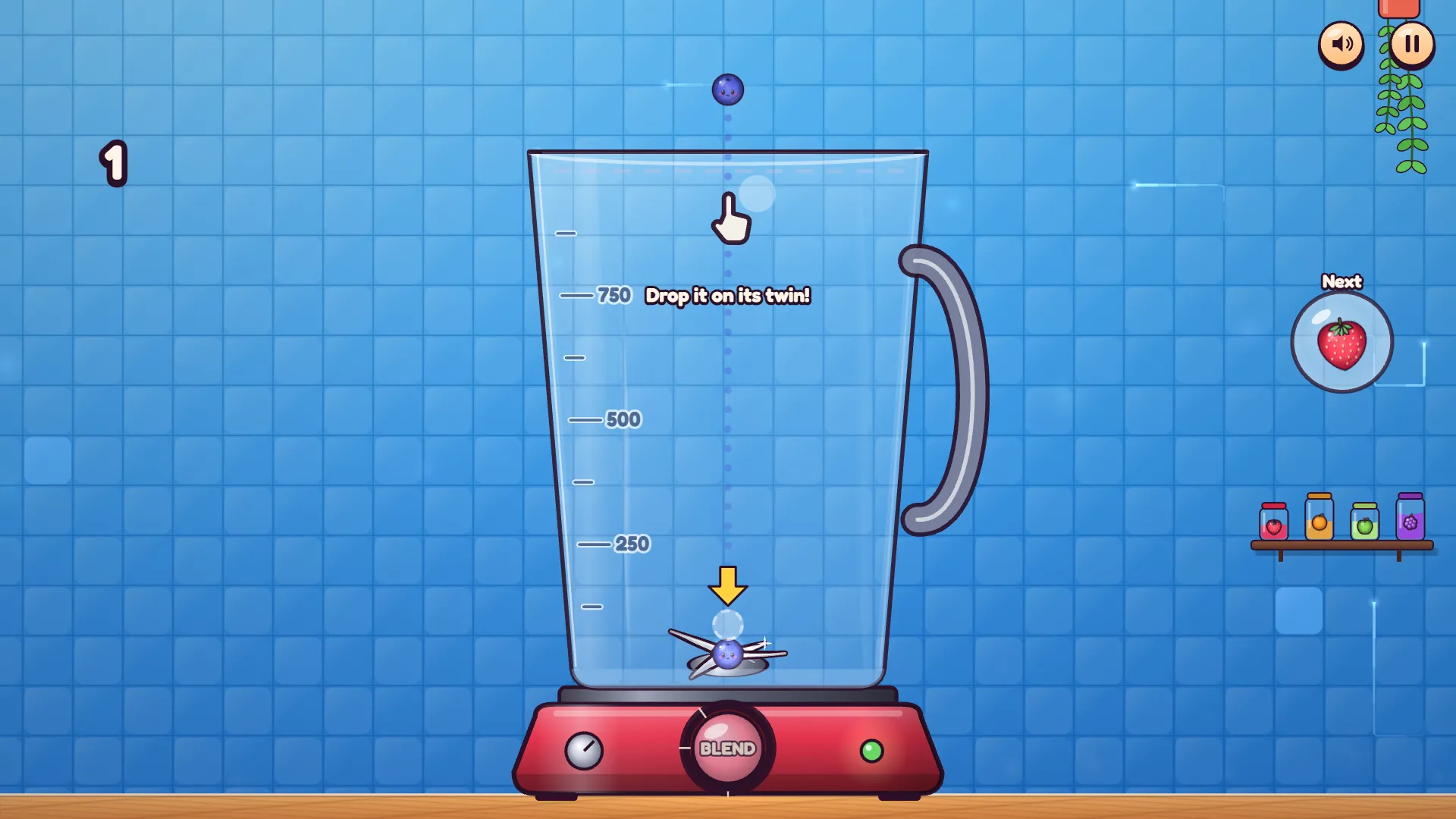 Plop! Fruit Merge tutorial with a blueberry about to drop onto another blueberry at the bottom of the blender