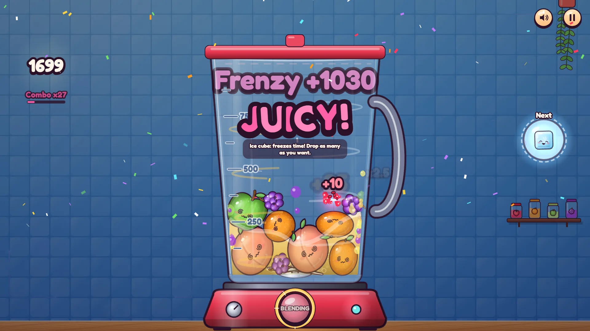 Plop! blender running with the lid on, dizzy fruits and the ice cube tip on screen