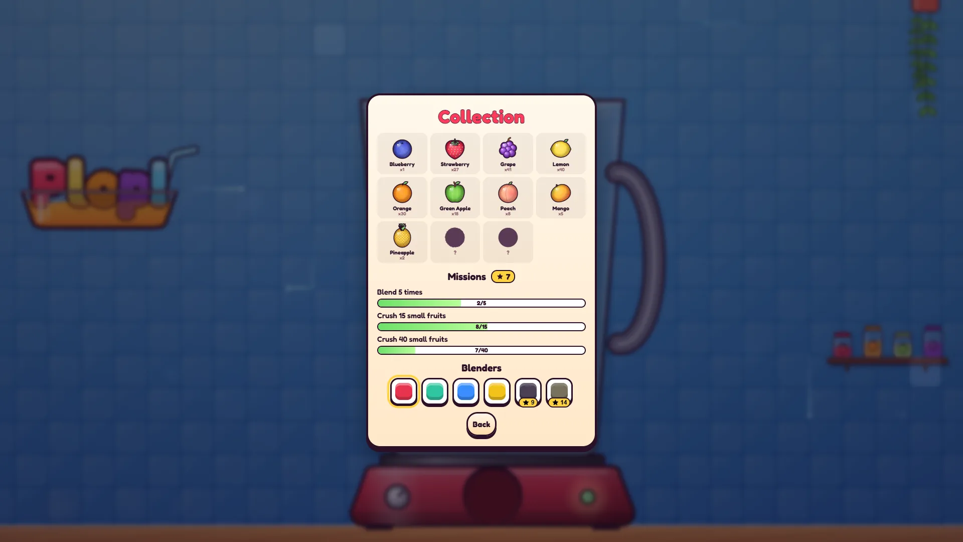 Plop! Fruit Merge collection screen with nine fruits discovered, missions in progress and blender colors