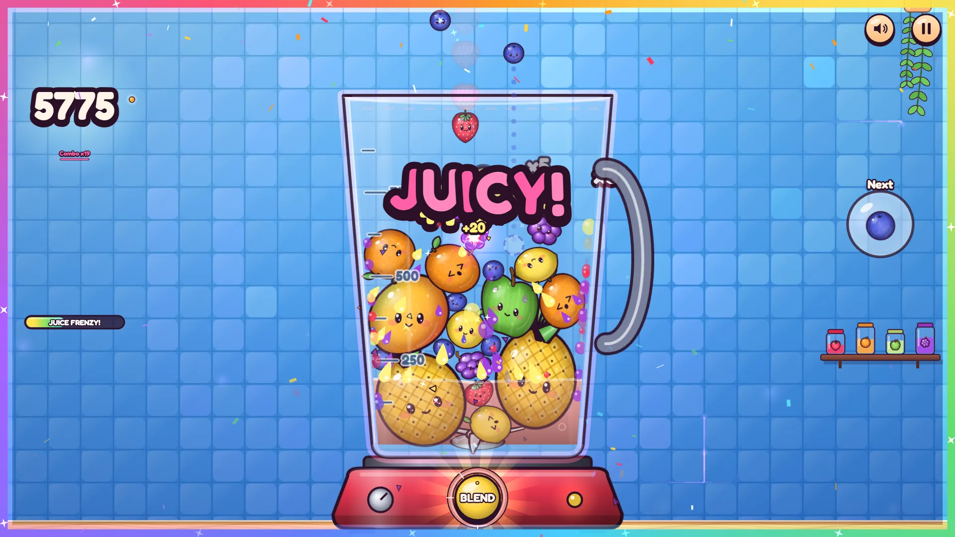 Blender packed with fruit in Plop! Fruit Merge during a frenzy, with a rainbow border, two pineapples at the bottom and the word JUICY on screen