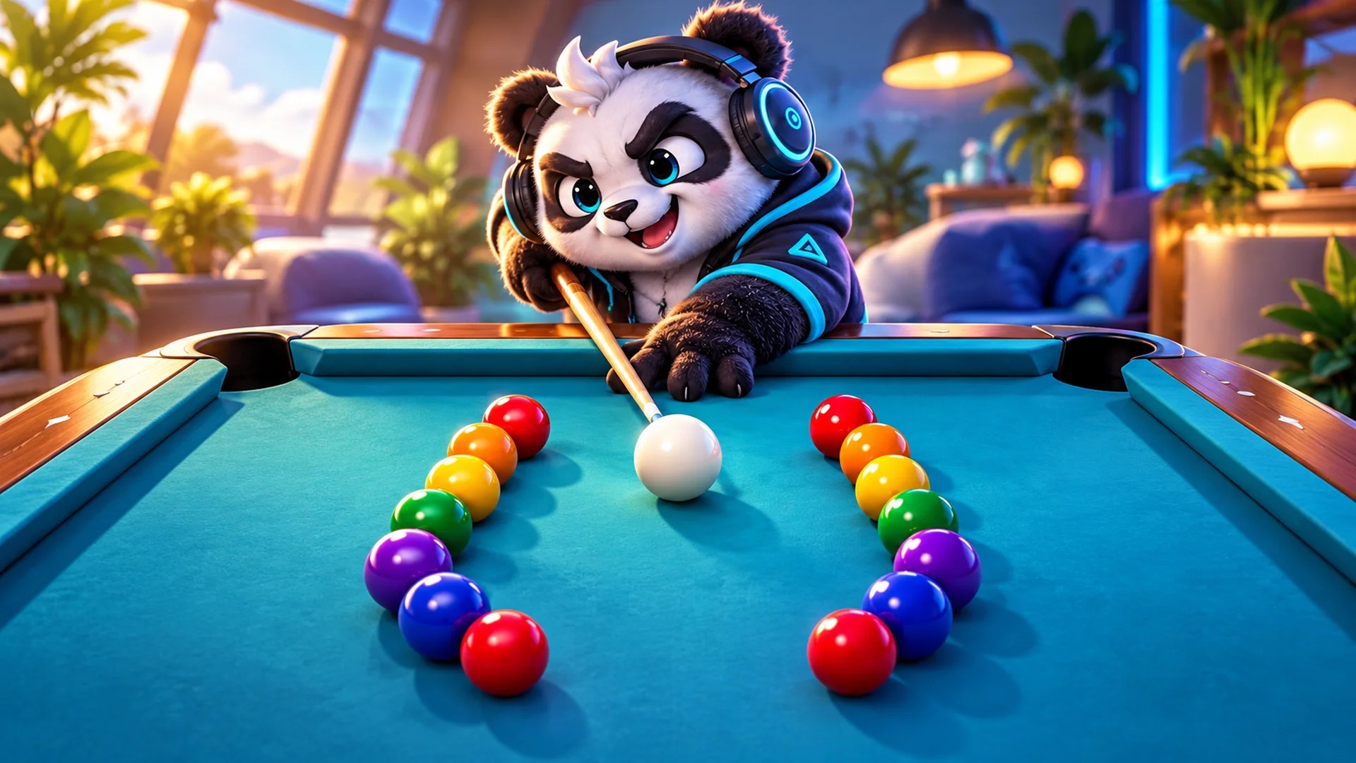 Velvet Pool artwork: the cue lined up behind the white ball on a green table, with the 3, 8 and 4 balls near a corner pocket.