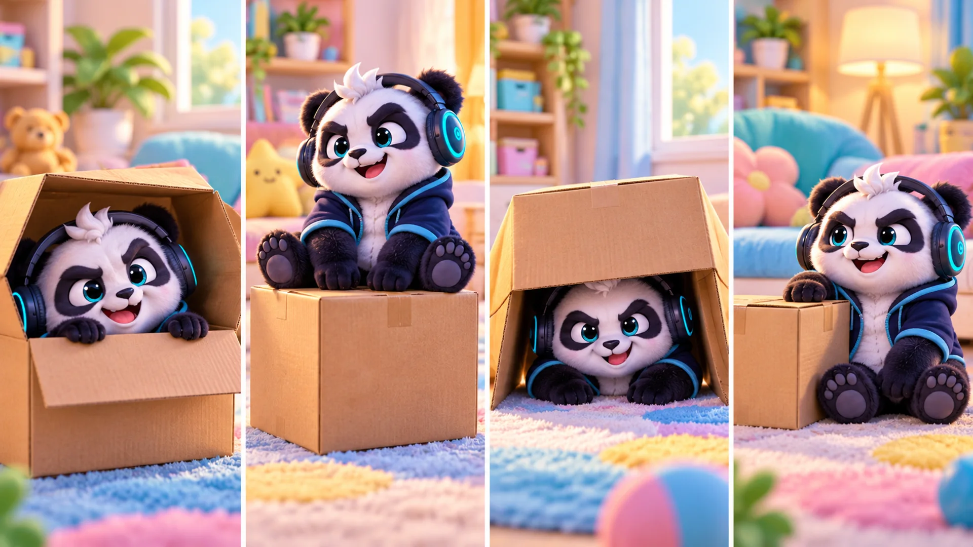 Four scenes of Polarzinho with a cardboard box: inside it, on top of it, under it and next to it