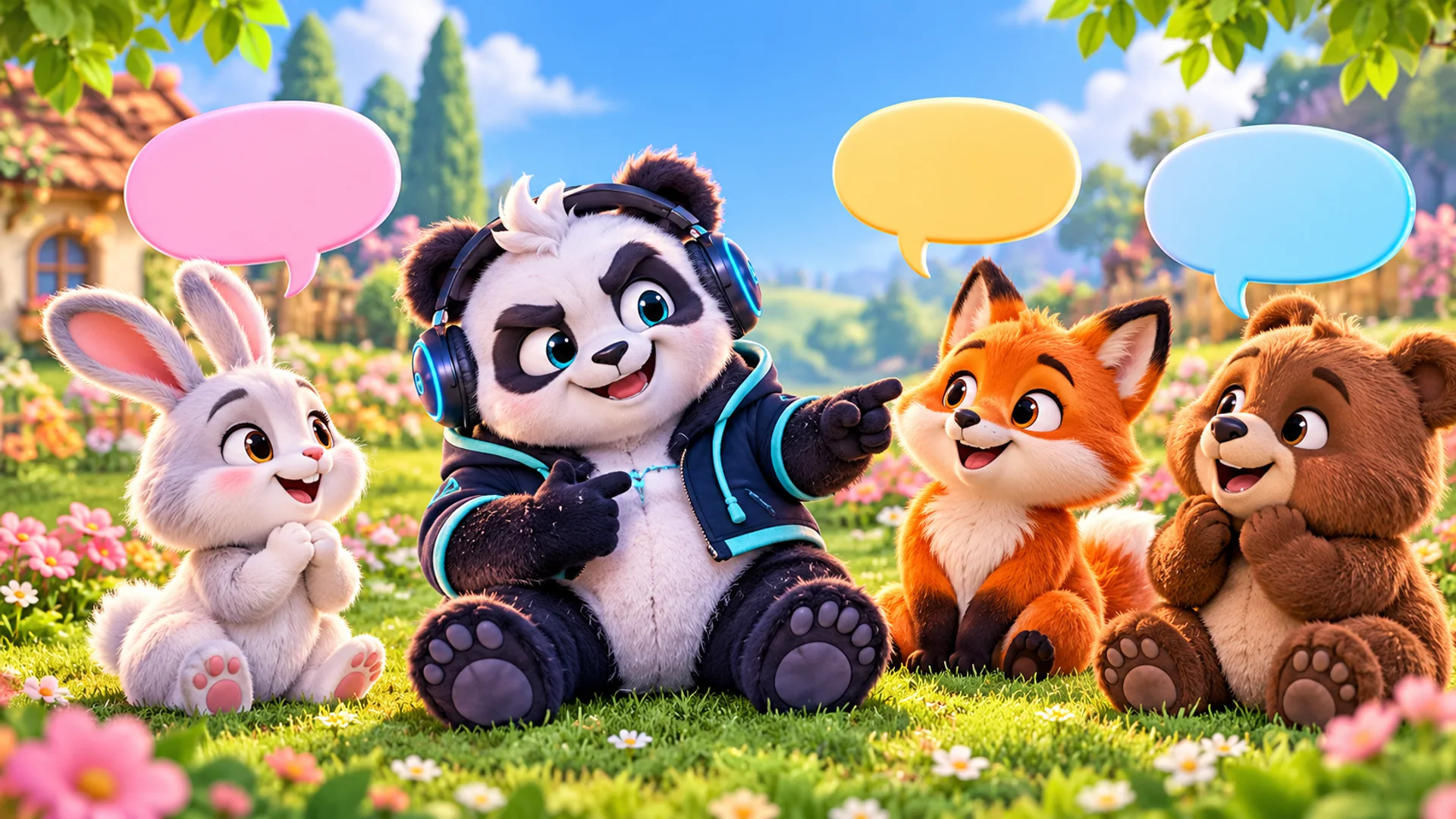 Polarzinho señalándose a sí mismo y a sus amigos coneja, zorro y oso, con globos de diálogo de colores sobre cada uno