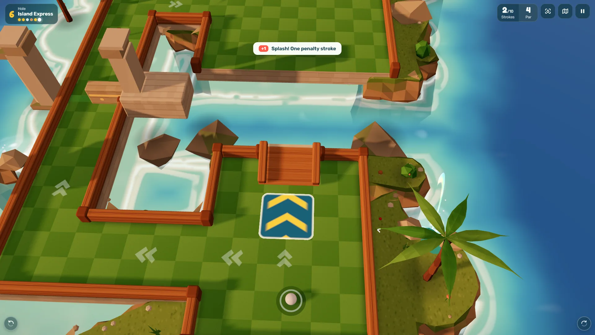 Aviso Splash! One penalty stroke no buraco Island Express do Puttide, com o piso turbo e a rampa de madeira