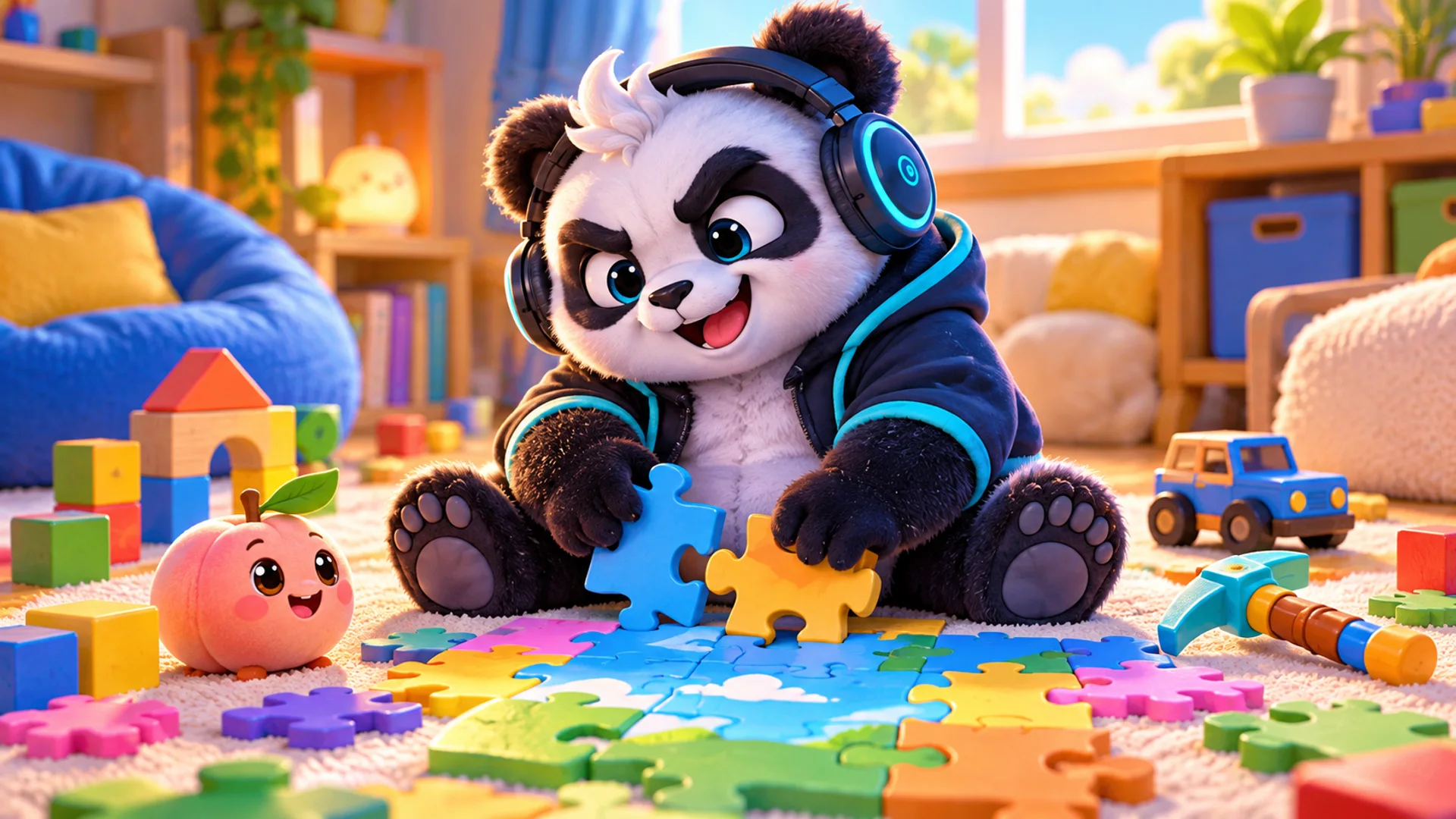 Polarzinho montando um quebra-cabeça colorido no tapete, cercado de blocos, um carrinho de brinquedo, uma picareta e um pêssego sorridente
