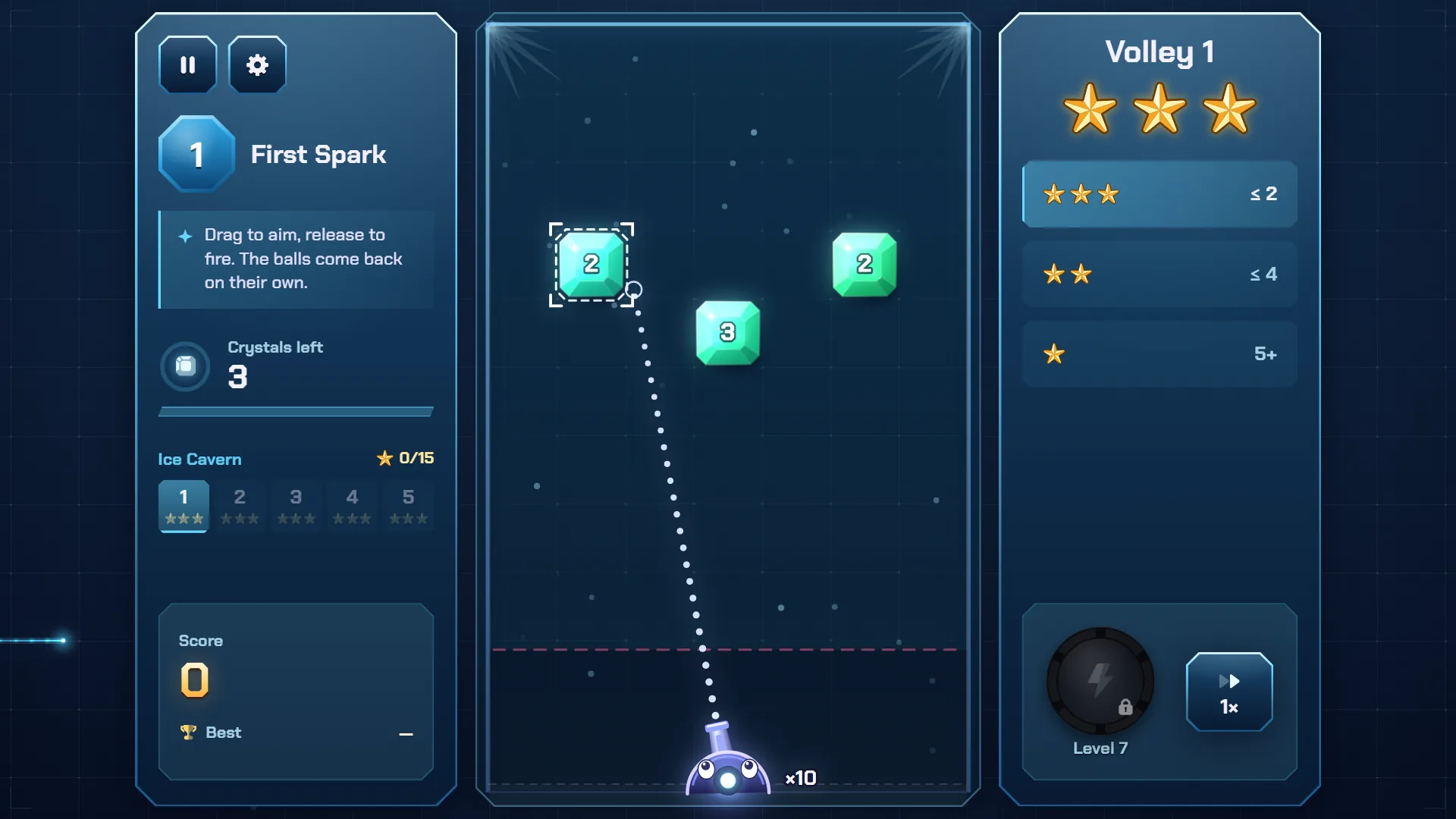 Ricopop level 1 First Spark with a dotted aim line running to the upper left crystal, which has a bracket around it