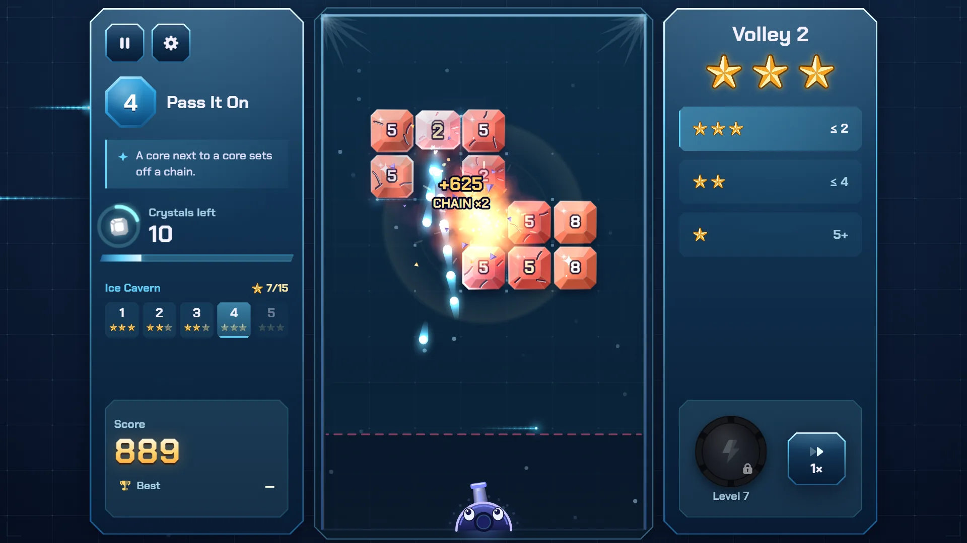 Ricopop level 4 during a chain reaction with +625 CHAIN x2, cracked red crystals and a bright explosion