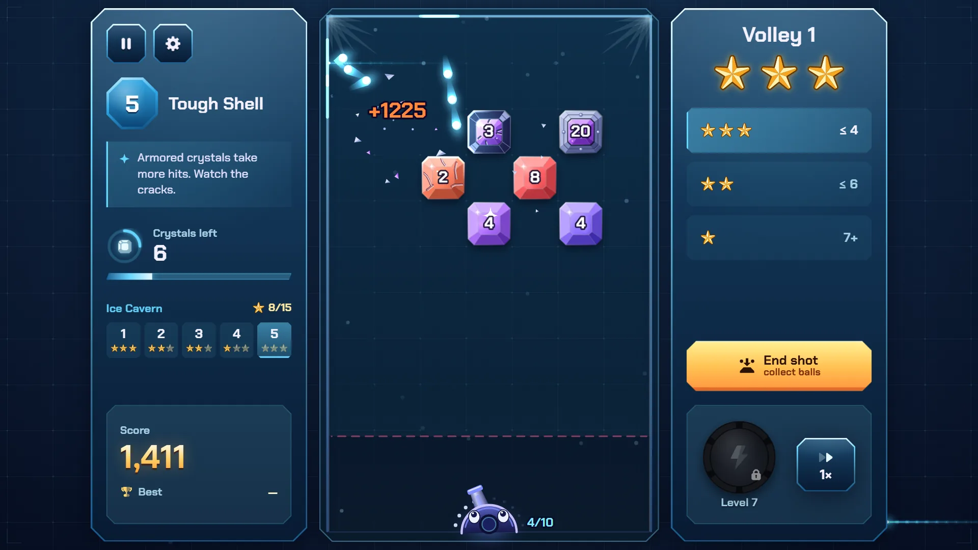 Ricopop level 5 mid volley with +1225, a cracked armored crystal on 3 hits, a 20 armor crystal and the End shot button