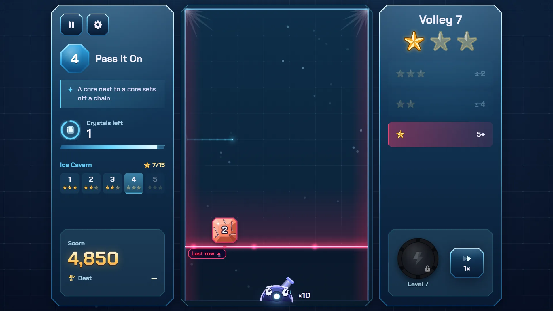 Ricopop level 4 with one crystal above the red line, a Last row chip and Rico the cannon with a sweat drop