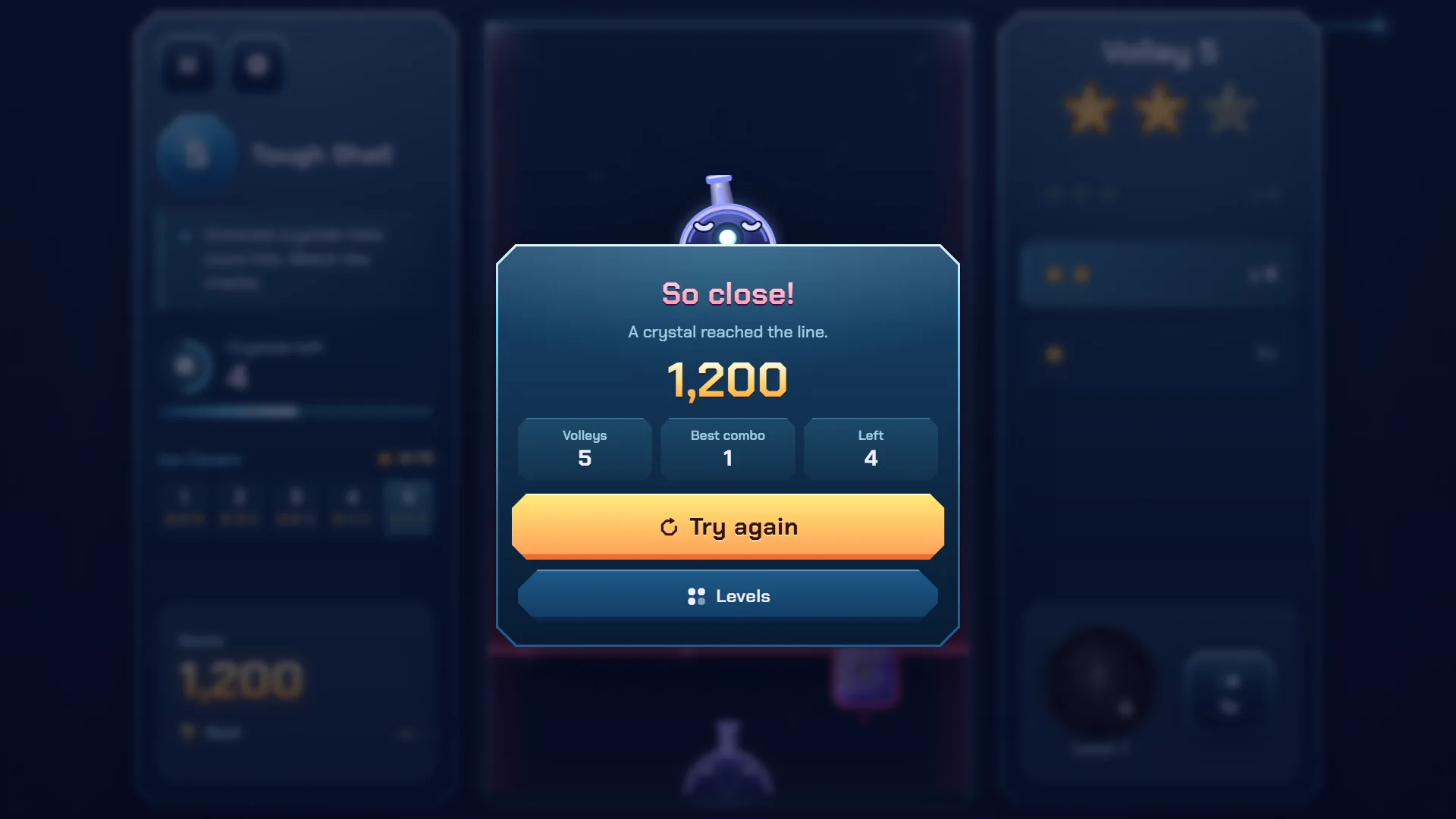 Ricopop So close screen after a loss on level 5 with 1,200 points, 5 volleys and 4 crystals left
