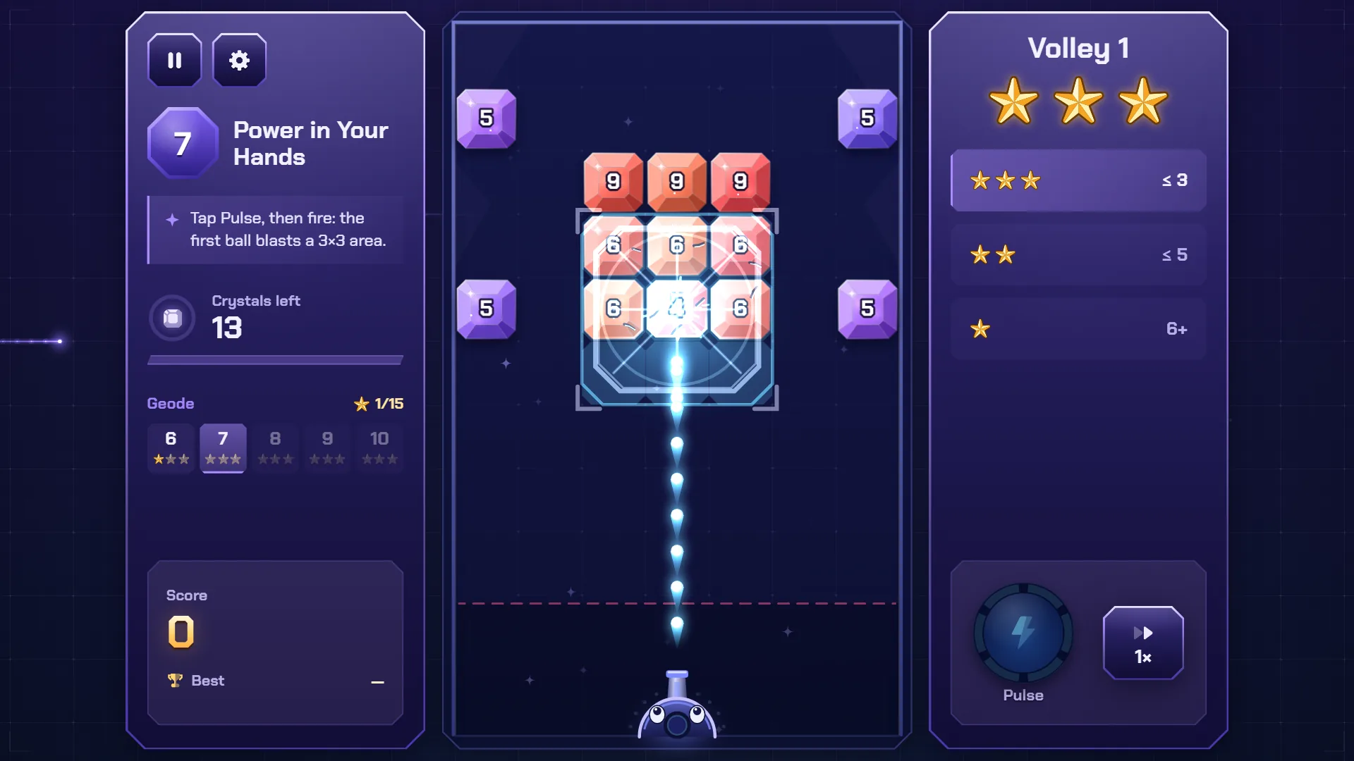 Ricopop Pulse blast on level 7 with a glowing 3x3 area over orange crystals mostly showing 6 hits