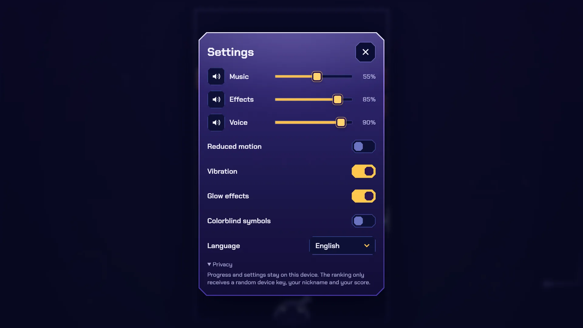 Ricopop settings panel with volume sliders, switches for reduced motion, vibration, glow effects and colorblind symbols, and the Privacy note open