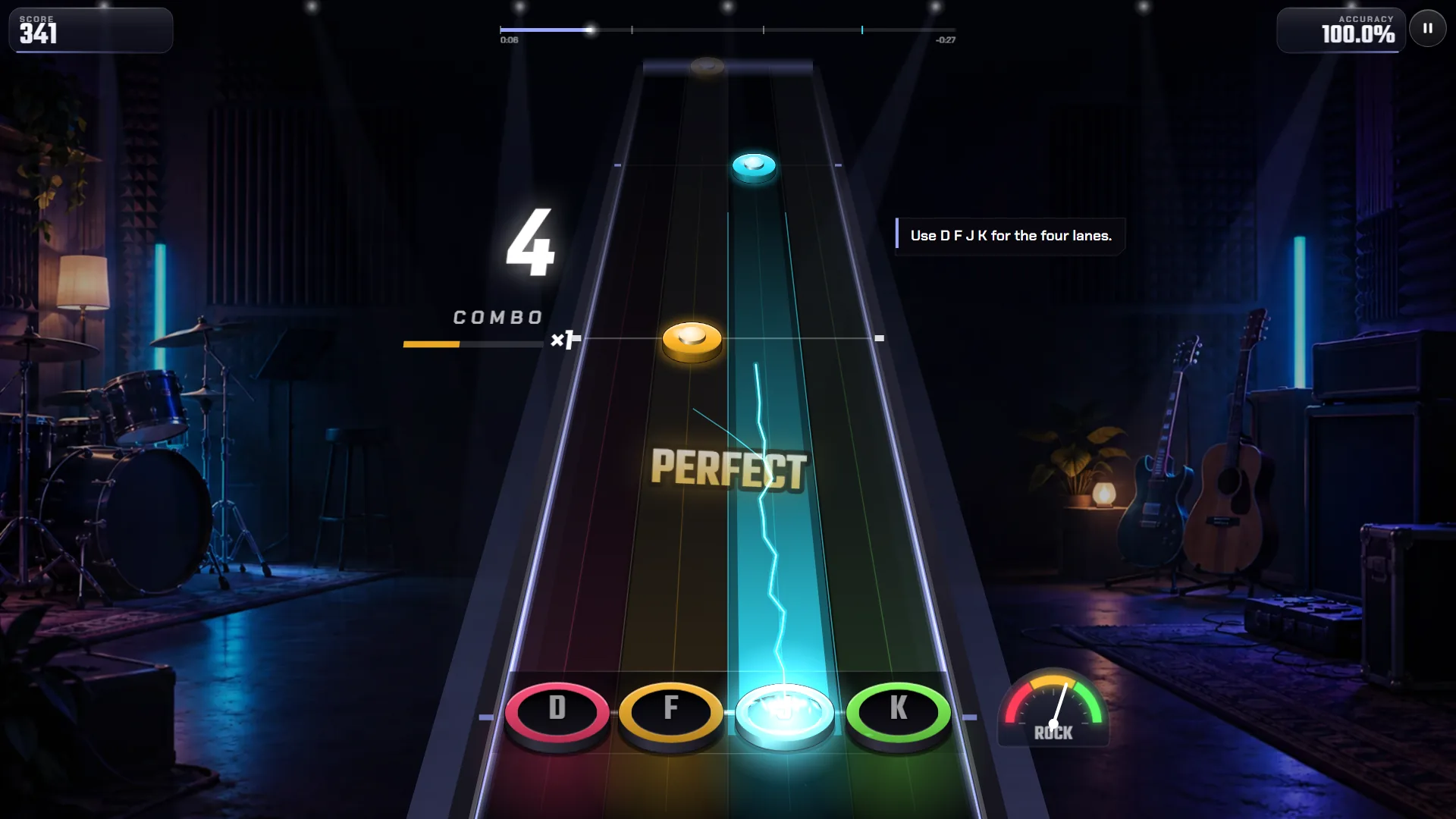RIFFVOLT tutorial with the hint Use D F J K for the four lanes, a PERFECT hit on the J lane and a combo of 4