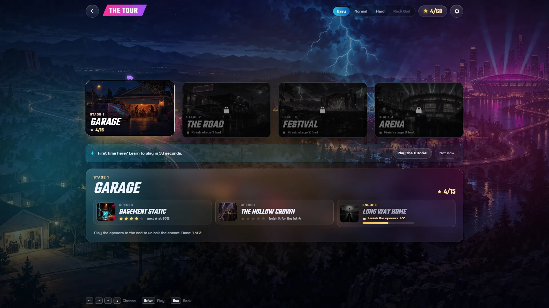 The Tour map in RIFFVOLT with Stage 1 Garage at 4 of 15 stars and stages 2 to 4 locked