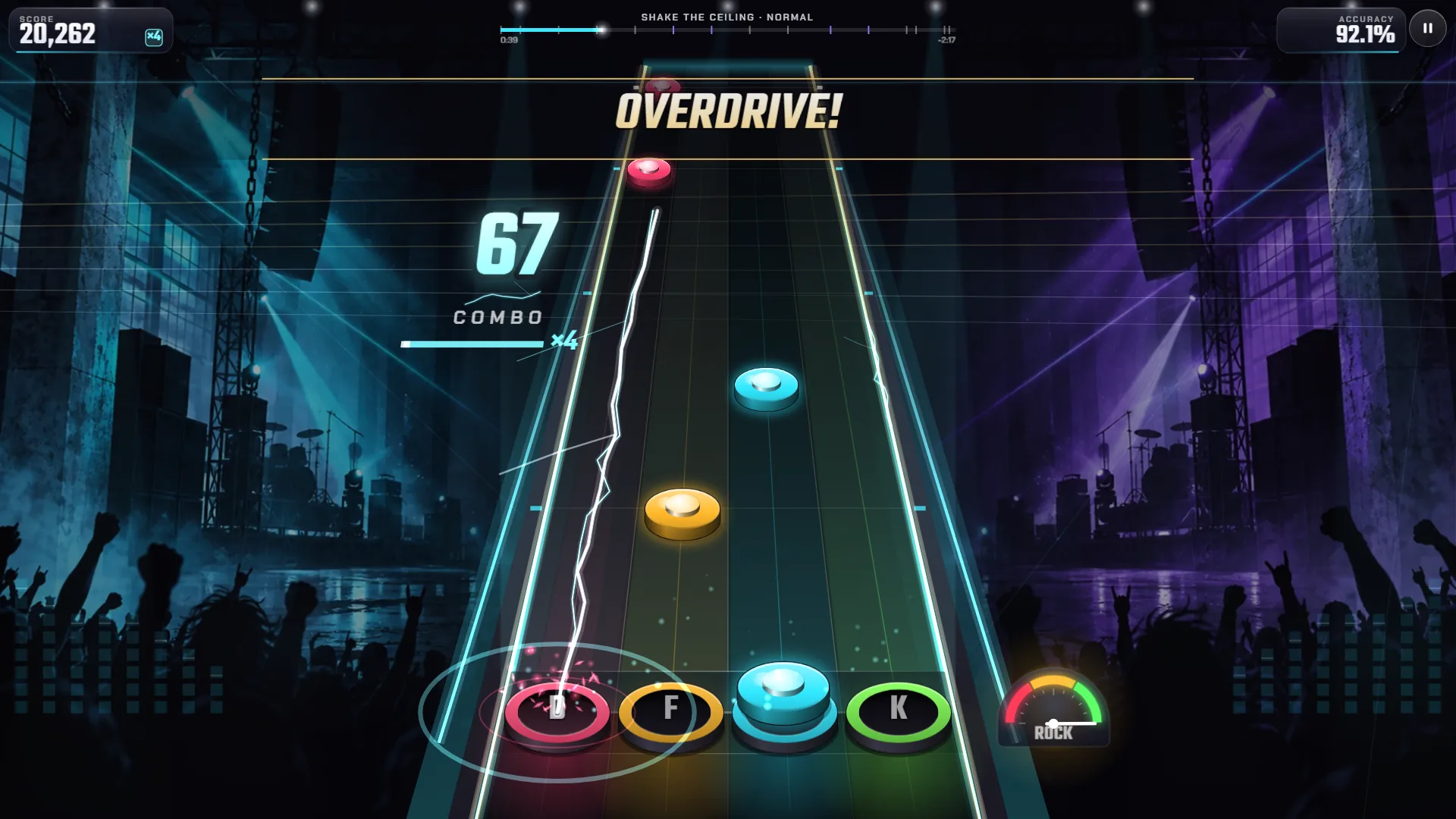 OVERDRIVE banner with a bolt of lightning over the highway in Shake the Ceiling on Normal, combo 67 at x4